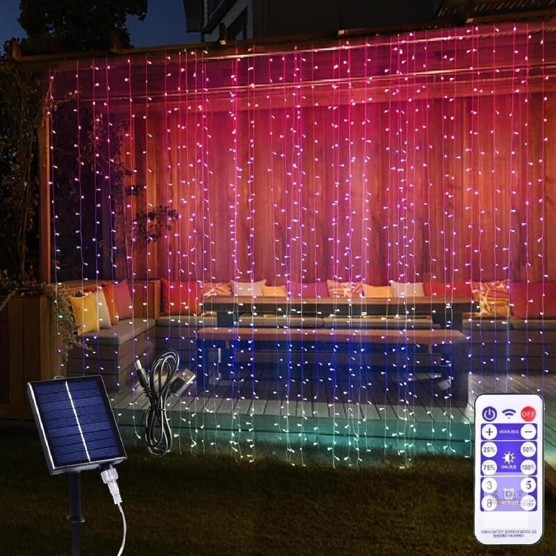New 300 LED Solar Curtain Lights USB & Solar Dual Powered 8 Modes Waterproof Fairy Window Lights Twinkle for Home Indoor Outdoor Use Patio Christmas Decoration (Multi-Colored)