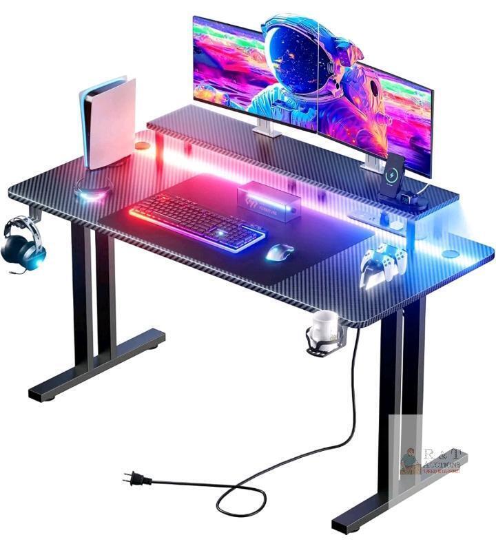 HLDIRECT 47-inch Gaming Desk with LED Lights, Carbon Fiber Surface, Riser Shelf, and Accessories