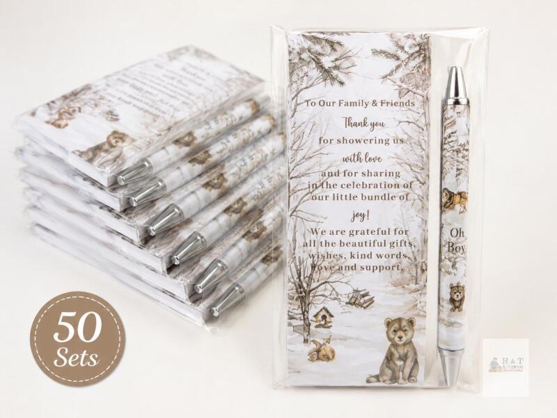50 Pc Woodland Baby Shower Thank You Notepad & Pen Favor Sets &ndash; Bear Design
