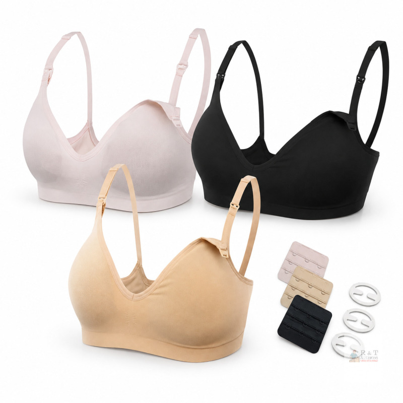 NEW HOFISH Size Small ( 32B-32DD,34B-34C) 3-Pack Seamless Wireless Comfort Bras, Black/Beige/Pink &ndash; Nursing & Maternity Friendly