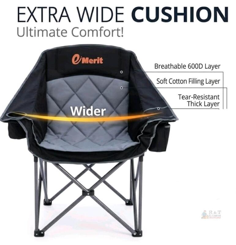 eMerit Extra Wide Folding Camping Chair 500 lb Capacity, 37.5&rdquo; Seat, Carry Bag, Black/Gray
