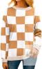 New Size MED Women's PrinStory Long Sleeve Checkered Sweater Loose Knitted Round Neck Side Split Pullover