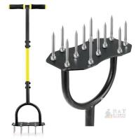 Manual Lawn Aerator, 12 Steel Spikes, 14" Width, Spike Type, T-Handle, Black/Yellow, Foot Platform