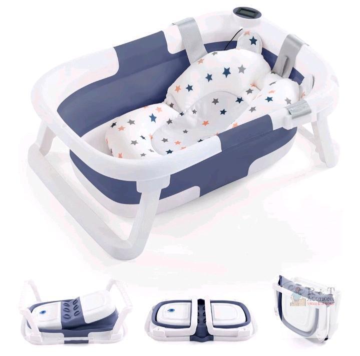Foldable Baby Bath Tub Set, Temperature Display, Bath Cushion, Ear Cap, Blue/White, Box Included