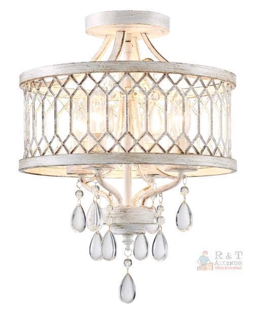 Vintage White Semi-Flush Mount Chandelier with Crystal Accents, 12.8" Diameter, 16" Height
