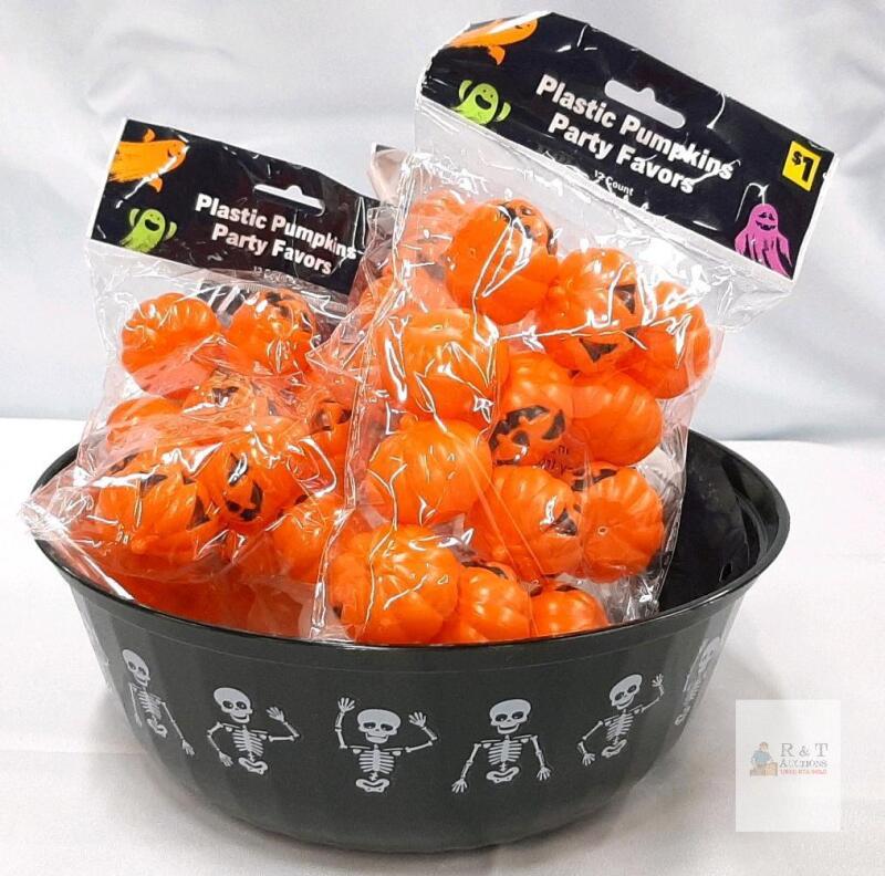 Halloween Plastic Pumpkin & Skull Party Favors, Gel Clings, Door Cover, and Skeleton Bowl Set