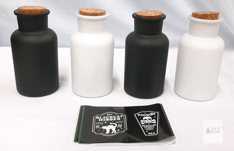 POVGLYY Halloween Apothecary Bottles Set, 4 Glass Bottles, 8oz, Black & White with Corks