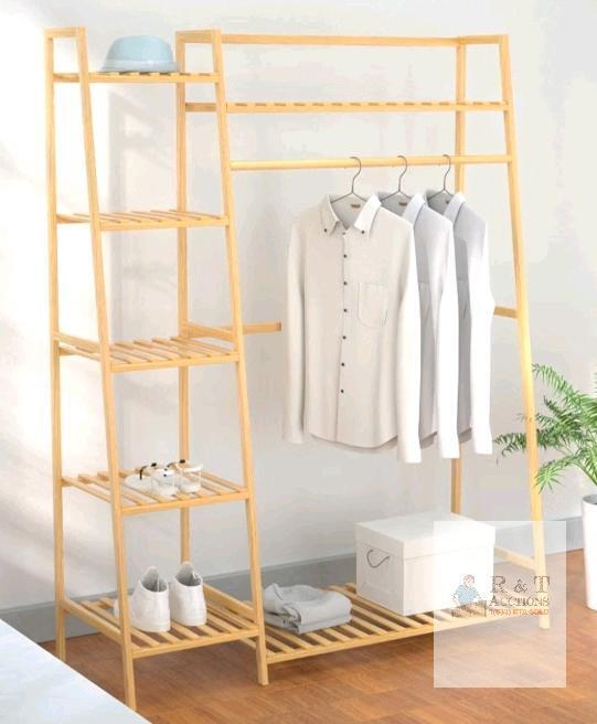 Freestanding Bamboo Clothes Rack 43"x15.8"x55.2" with Multi-Tier Shelves, Hanging Rod