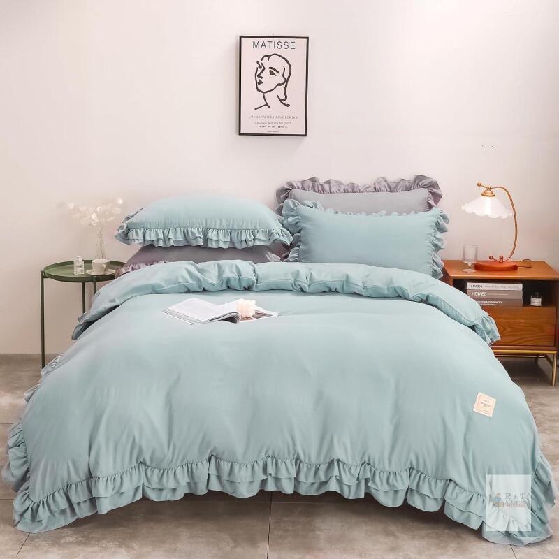 Rvciby Queen Ruffle Duvet Cover Set, Blue, 3-Piece, 100% Washed Microfiber