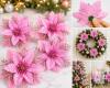 New 20PCS Christmas Flowers Artificial with Clip, Christmas Poinsettia Flowers with Glitter Powder Decorations for Christmas Tree Garland Christmas Wreath Indoor Decorations (Pink)