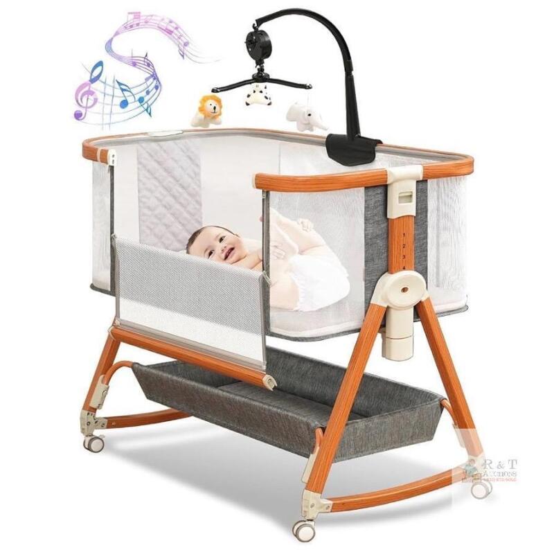 BLBBLBGDD UU001 Baby Bedside Crib/Bassinet, Grey, Adjustable Height, Mesh Sides, Storage Basket