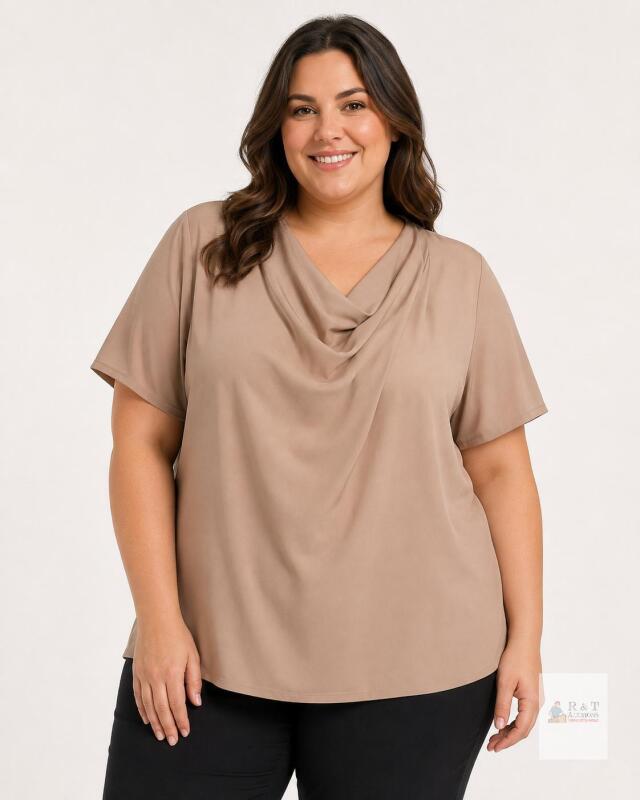 NEW XXL Beige Polyester Short Sleeve Blouse with Cowl Neck, Relaxed Fit