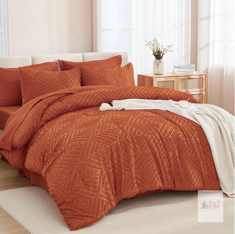 7 Piece Terracotta Tufted Comforter Set, Queen, Includes Shams, Pillowcases, Flat & Fitted Sheets