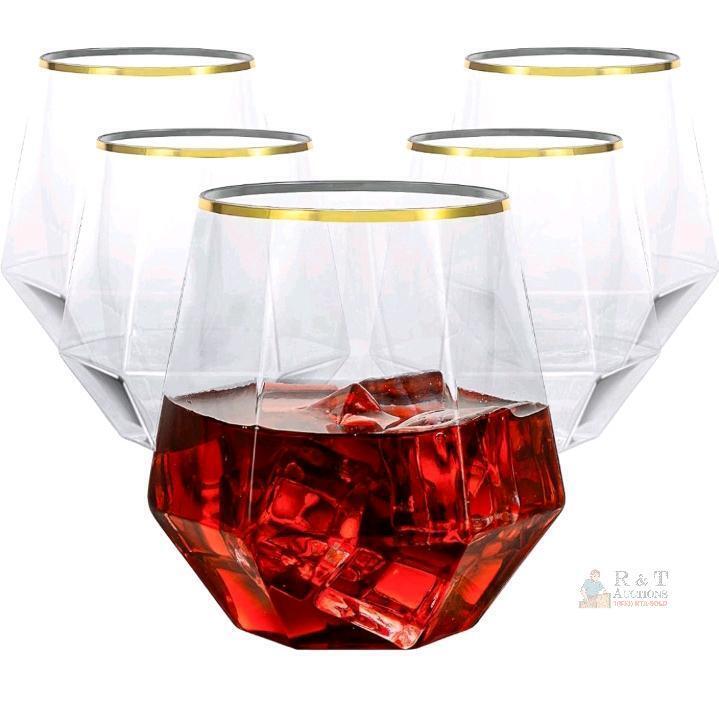 40 Diamond-Shaped Plastic Wine Glasses, 12oz, Gold Rim, Stemless, 3.5in Height
