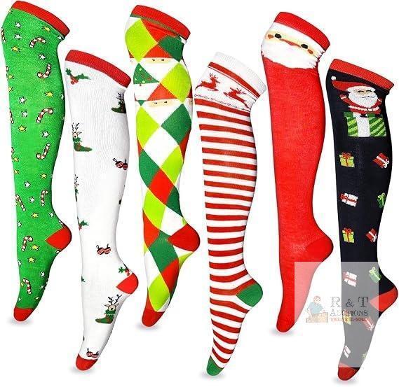 6 Pairs Christmas Socks For Women,Knee High Christmas Socks,Novetly Thigh High Socks For Xmas Gifts,Winter