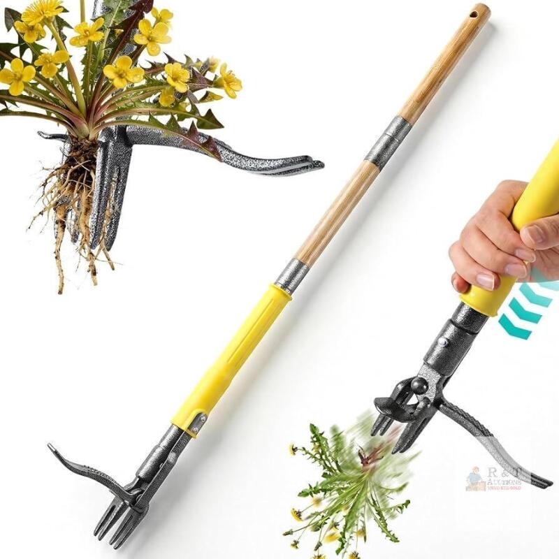 Manual Stand-Up Weed Puller Tool, 4-Claw Steel Head, Detachable Wooden Handle, Yellow