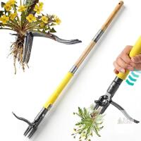 Manual Stand-Up Weed Puller Tool, 4-Claw Steel Head, Detachable Wooden Handle, Yellow