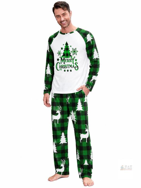 NEW Men&rsquo;s Medium Green Plaid Merry Christmas Pajama Set &ndash; Long Sleeve Top & Pants