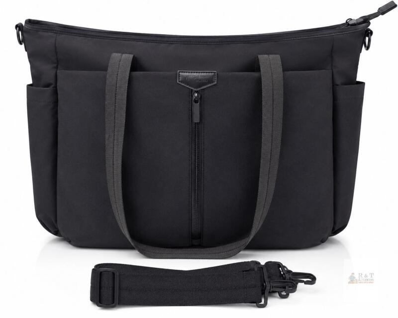 Black Tote/Diaper/Travel Bag with Dual Handles and Removable Shoulder Strap