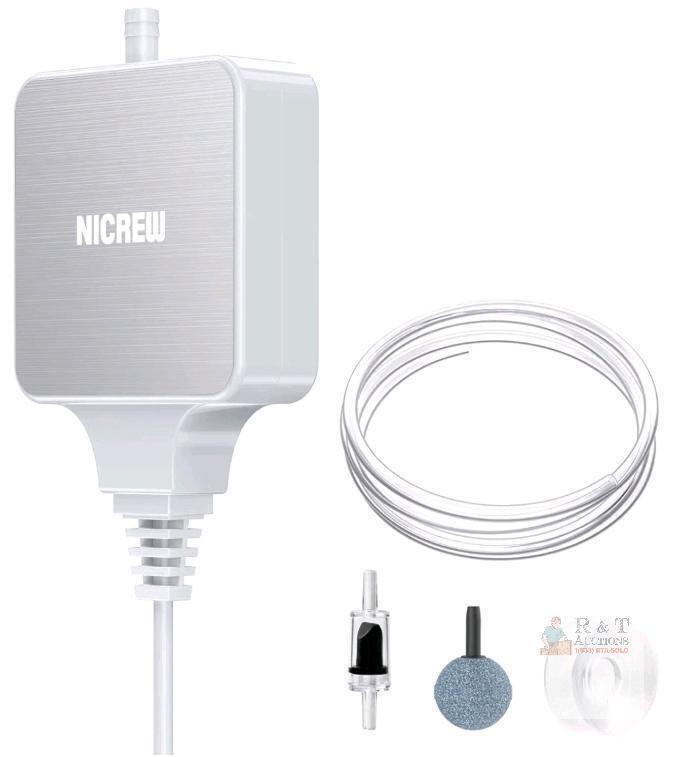 NICREW Nano Silent Mini Aquarium Air Pump, 1W, 0.3 L/min, Up to 10 Gallons, Accessories Included