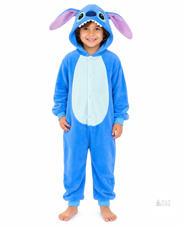 NEW Size 140 Kids&rsquo; Blue Stitch-Style Character Onesie Pajamas & Costume, Approx. 9&ndash;10 Yrs / 135&ndash;145 cm, Hooded Plush One-Piece with Rear Access Zipper