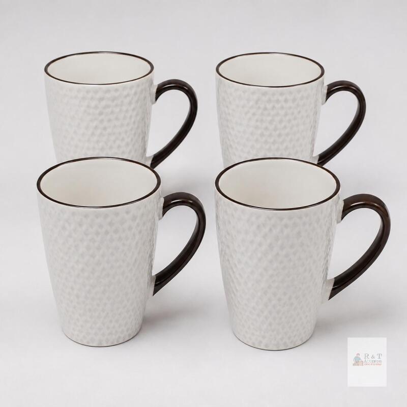 Set of 4 New Textured Ceramic Mugs &ndash; White with Dark Brown Handles & Rims