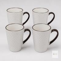 Set of 4 New Textured Ceramic Mugs &ndash; White with Dark Brown Handles & Rims
