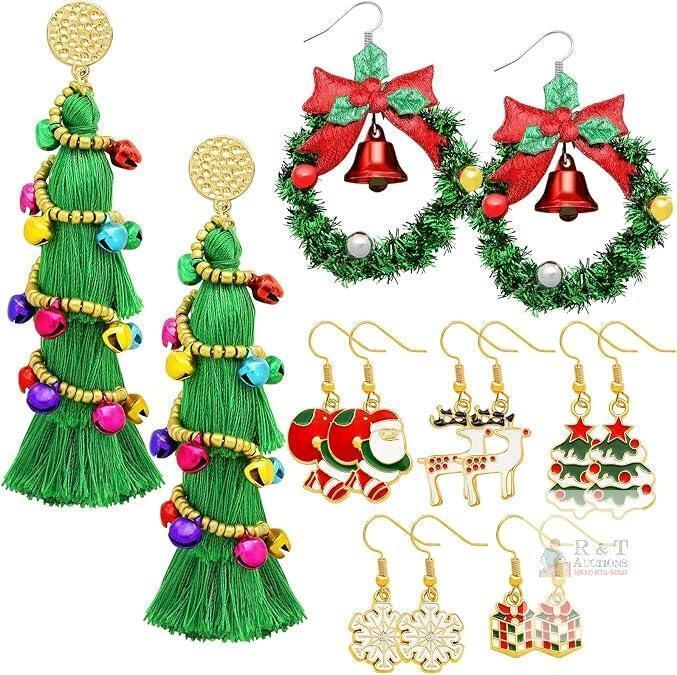 New 7 Pairs Christmas Earrings for Women Christmas Wreath Jingle Bells Earrings Christmas Tree Snowflakes Deer Dangle Earrings