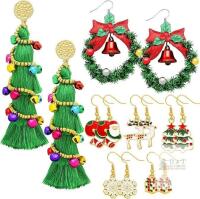 New 7 Pairs Christmas Earrings for Women Christmas Wreath Jingle Bells Earrings Christmas Tree Snowflakes Deer Dangle Earrings