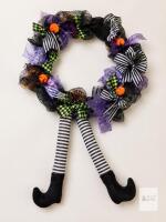 Halloween Witch Legs Decorative Wreath with Striped Ribbons & Boots