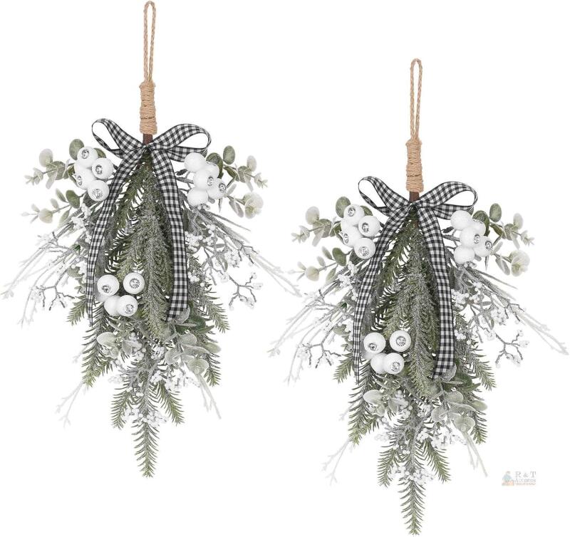 New Retails $50 SY Super Bang 2PCS Christmas Decorations, 19Inch Artificial White Berry Front Door/Fireplace Hanging Decorations Include Linen Bow Green Plan