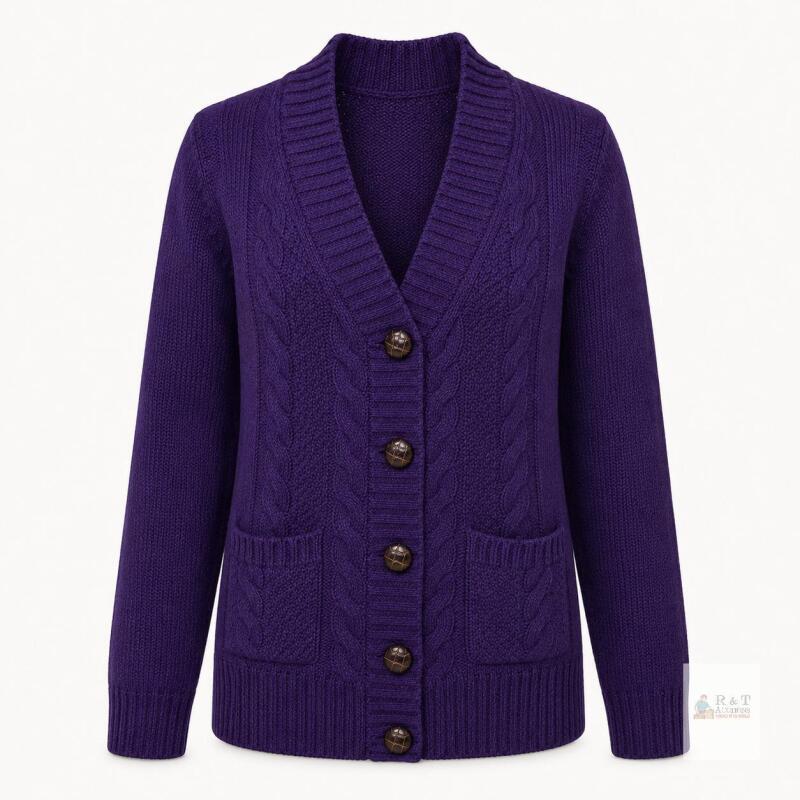 NEW Size XL Women&rsquo;s Purple Cable-Knit 5-Button Cardigan Sweater with Pockets, *