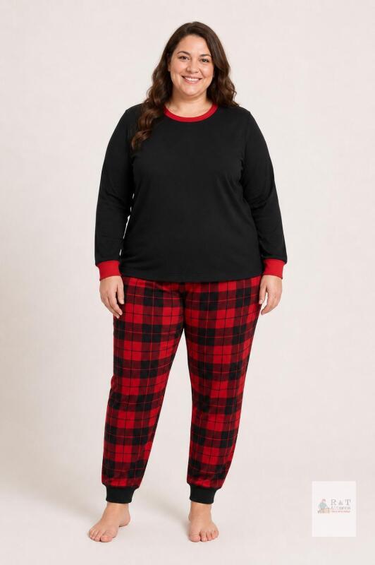 New Size 2XL 2-Piece Womens Christmas Pajama Set, &ndash; Black & Red Plaid