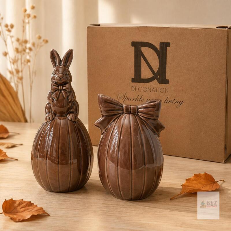 New retail $30+ DN 2PCS Bunny and Egg Figurines Set, Home Decor, Glossy Deep Brown Ceramic Rabbit Egg Sculpture for Farmhouse Tabletop Centerpiece Shelf Dining Table