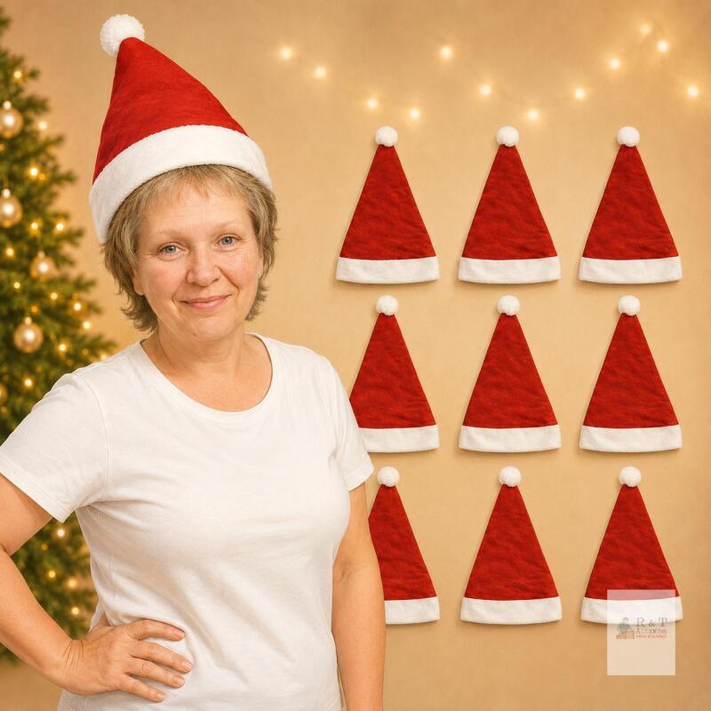 NEW 10-Piece Classic Red & White Santa Hat Set with Pom-Poms