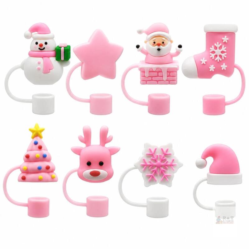 New 8PCS Pink Christmas Straw Toppers for Stanley Cups,3D Santa Claus Xmas Tree Straw Cover Caps for Stanley 30&40 Oz Tumbler,10mm 0.4in Reusable Soft Silicone Drinking