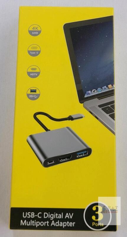 USB-C Digital AV Multiport Adapter, 4K HDMI, USB-A, USB-C, 3 Ports, Gray/Silver