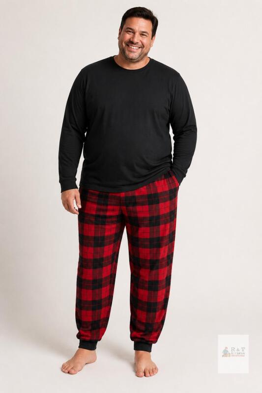 New Size 2XL 2-Piece Mens Christmas Pajama Set, &ndash;ALL Black Top & Red Plaid