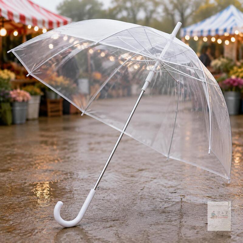 NEW Clear Umbrella with White J-Hook Handle