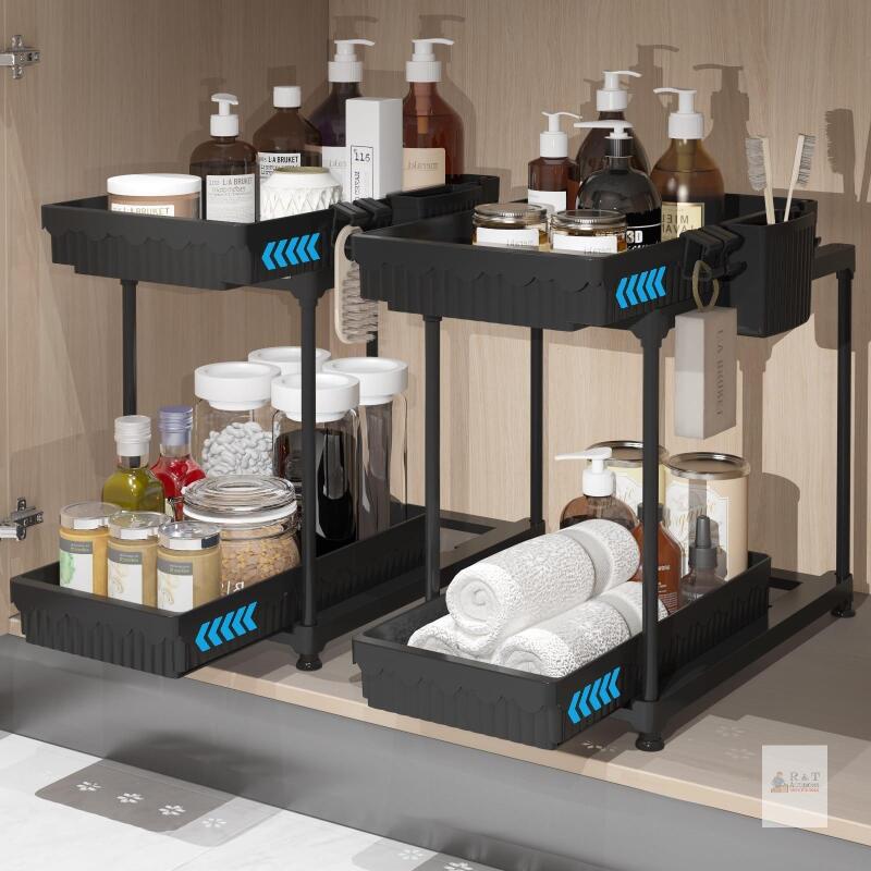 New Sevenblue 2-Pack 2-Tier Under Sink Organizer with Pull Out Drawers | Multi-use kitchen & bathroom storage. Includes hanging hooks and cups. Extra Large