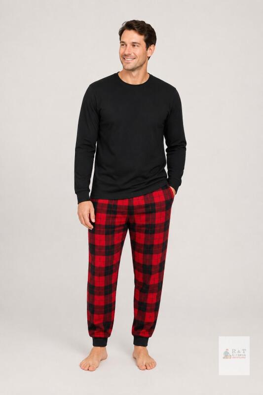 New Size Large 2-Piece Mens Christmas Pajama Set, &ndash;ALL Black Top & Red Plaid