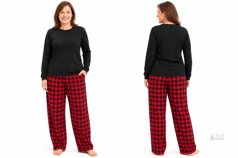 New Size XL Women&rsquo;s 2-Piece Plaid Pajama Set, &ndash;All Black Top & Red plaid bottoms