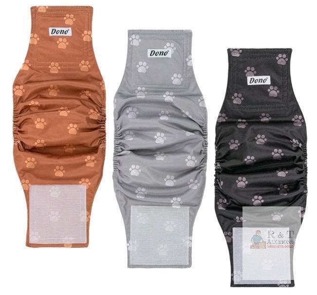 Dono Paw Print Washable Male Dog Belly Bands, Medium, 3 Pack, Leakproof, Adjustable Velcro