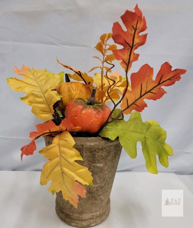 Artificial Fall Floral Arrangement, Rustic Pot, 13 in. Tall, Pumpkins, Leaves & Pine Cones