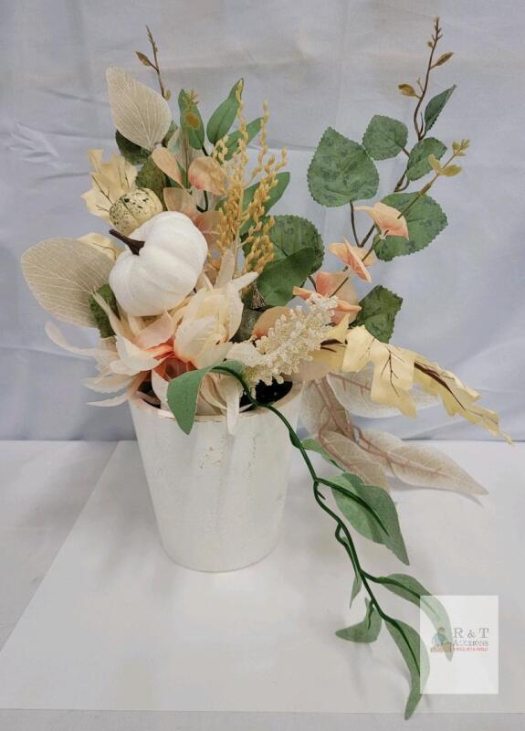 Artificial Fall Harvest Floral Arrangement with White Pumpkin in White Vase, 18" Tall