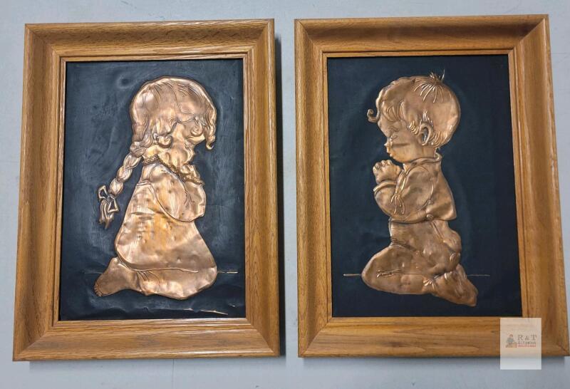Vintage Repouss&eacute; Copper Praying Boy and Girl Wall Art Plaques, Wood Frames, 15.5"x12.5" Pair