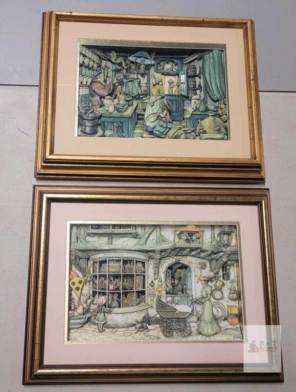 Framed 3D Shadow Box Prints of Victorian Toy Shop and Apothecary Scenes