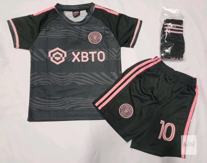 Lionel Messi Inter Miami 2023 Youth Jersey Kit #10 Shirt Shorts Socks, Black/Pink, XBTO Sponsor