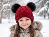 NEW Creekstone Kids Red Satin-Lined Winter Beanie Hat with Double Faux-Fur Pom Poms, Ages 1&ndash;7