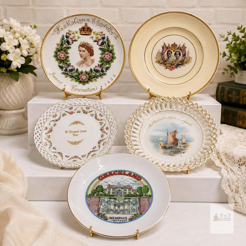 Commemorative Decorative Plates Featuring Queen Elizabeth II, Graceland, and UK Landmarks